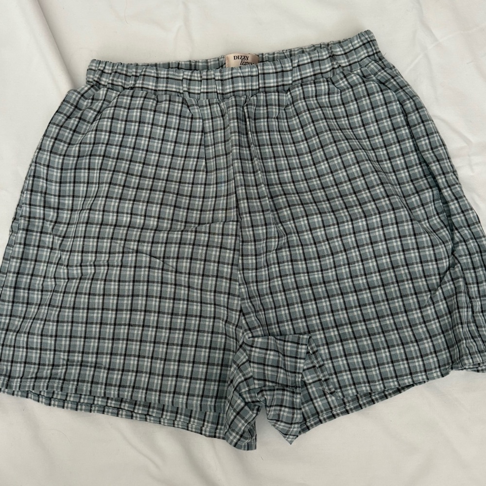 Dizzy Plaid Boxy Shorts in Teal and Brown